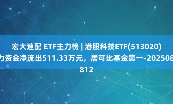 宏大速配 ETF主力榜 | 港股科技ETF(513020)主力资金净流出511.33万元，居可比基金第一-20250812